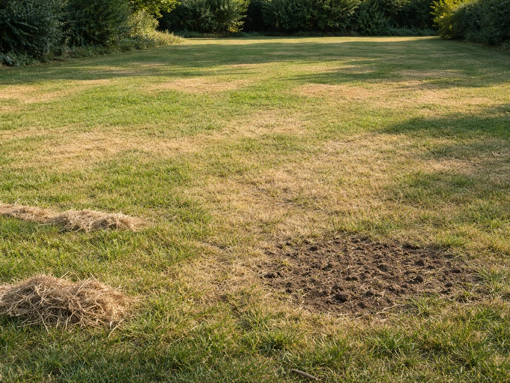 Gazon met droge, vergeelde en bruine zones, met een klein deel dat net is belucht.