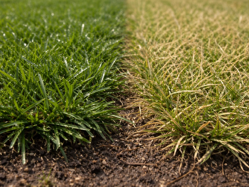 Close-up van twee naast elkaar liggende stukken gras: donker en vochtig links, droog en licht rechts.