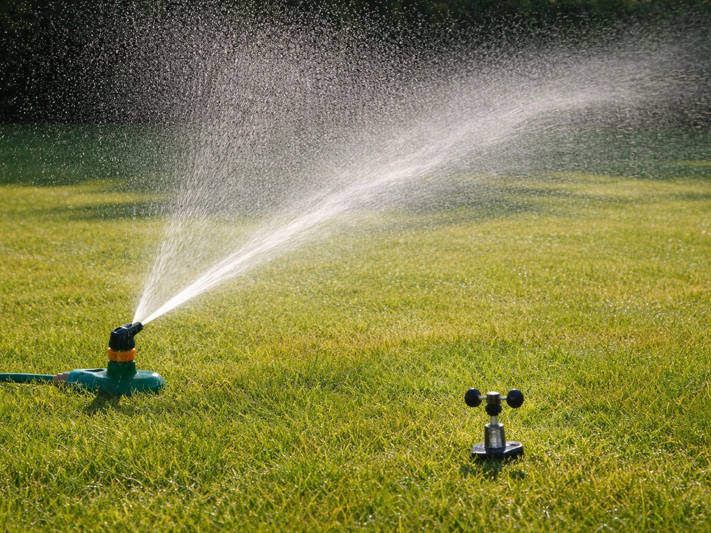 Zonnige dag: sproeistraal waait door wind over een gazon, waterdruppels glinsteren in de lucht.