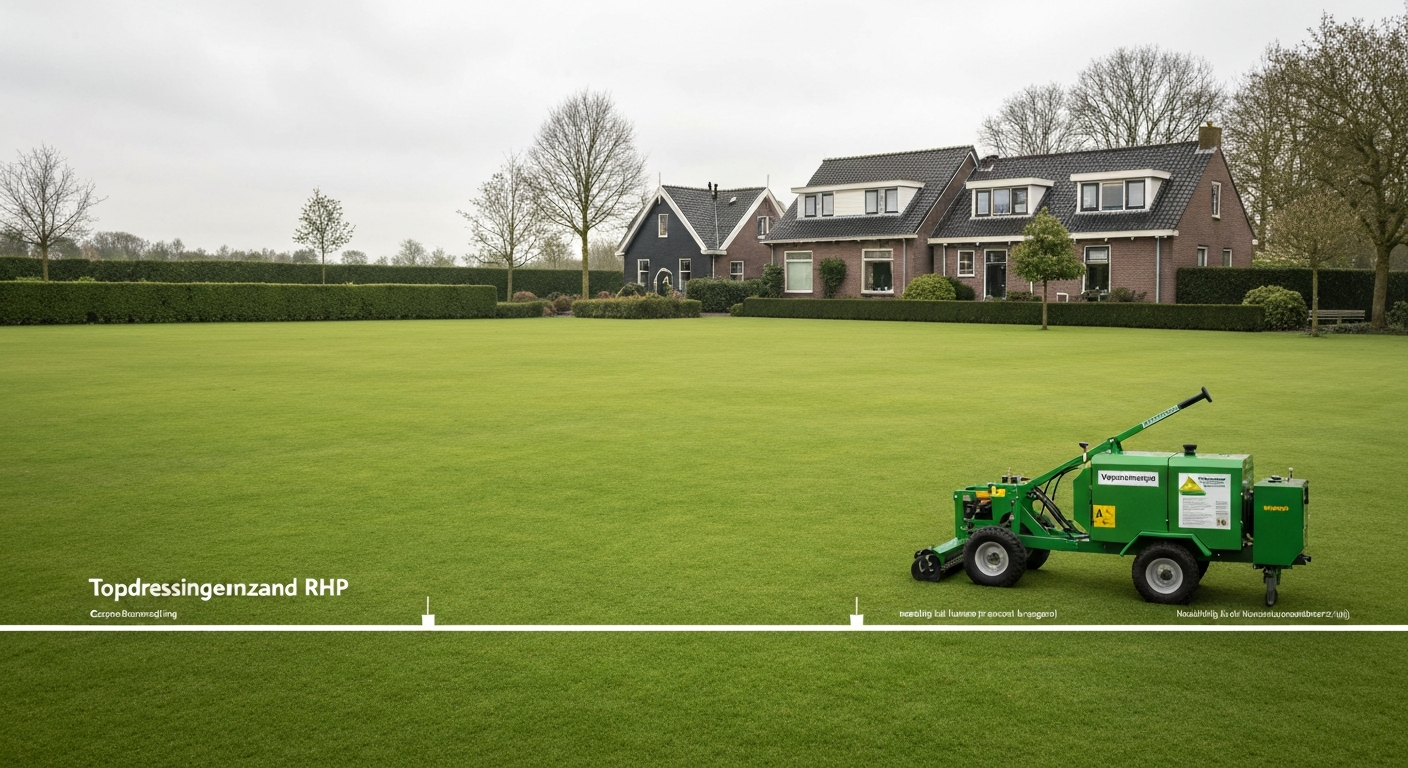Tuinier in een Nederlandse achtertuin die met kruiwagen en hark een dunne laag topdressingzand over het gazon uitspreidt (laagdikte zichtbaar)