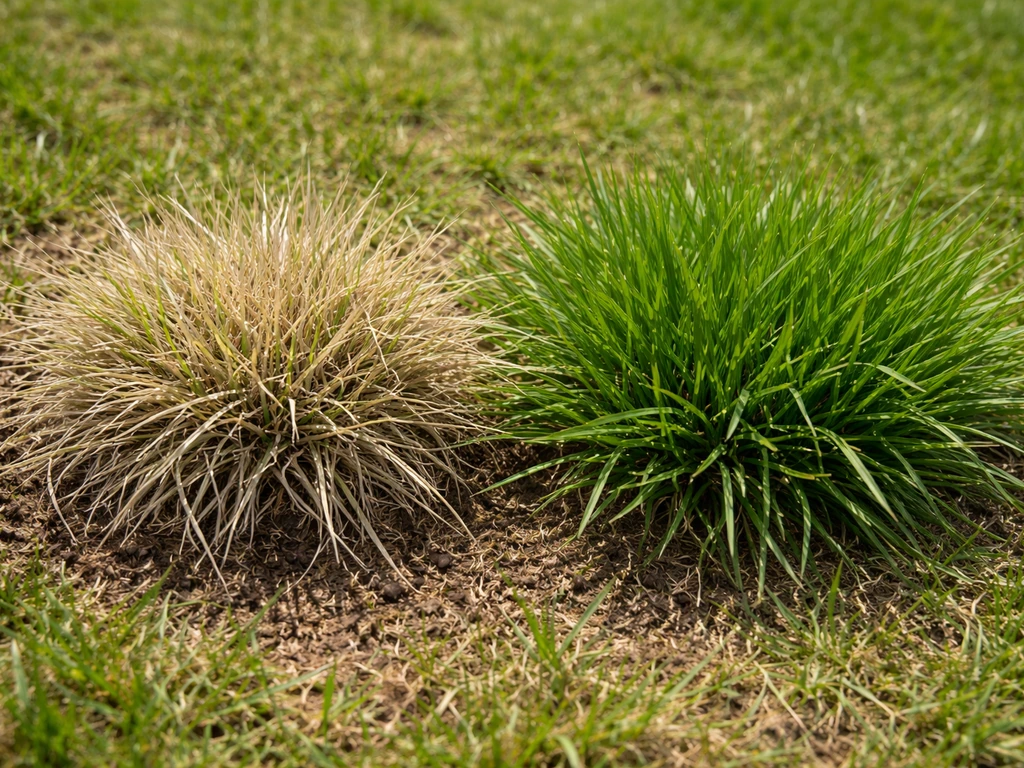 Close-up van grijsgroen/strogeel verdroogd gras naast gezond groen gras voor kleurcontrast