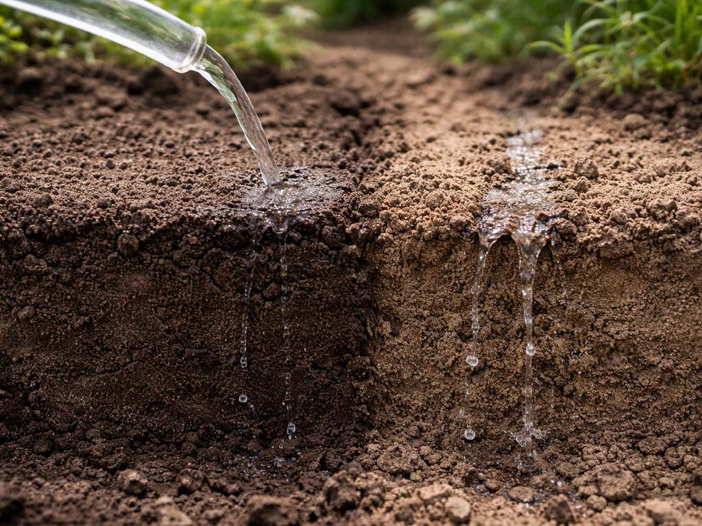Open strook tuingrond met viltlaag en water dat afstroomt links en in de bodem trekt rechts.