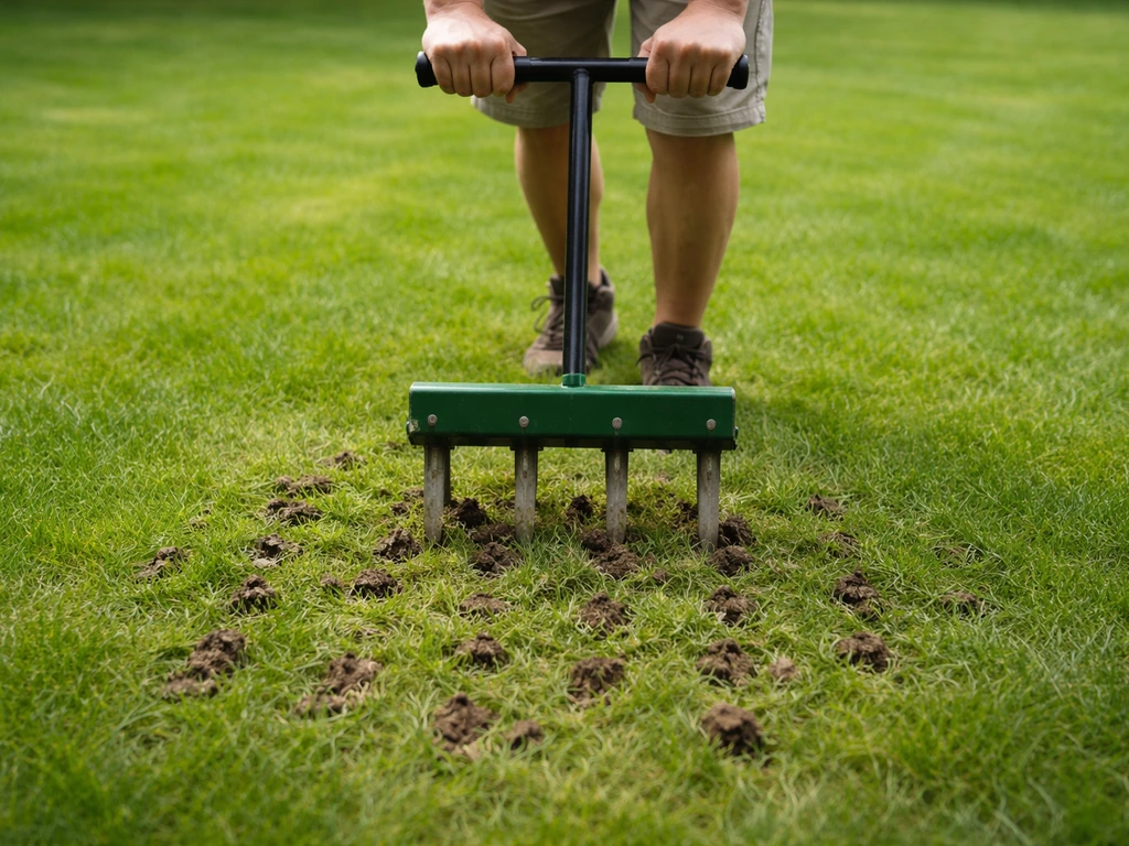 Tuinman belucht het gazon met een beluchter, holle pennen maken de verdichte grond zichtbaar.