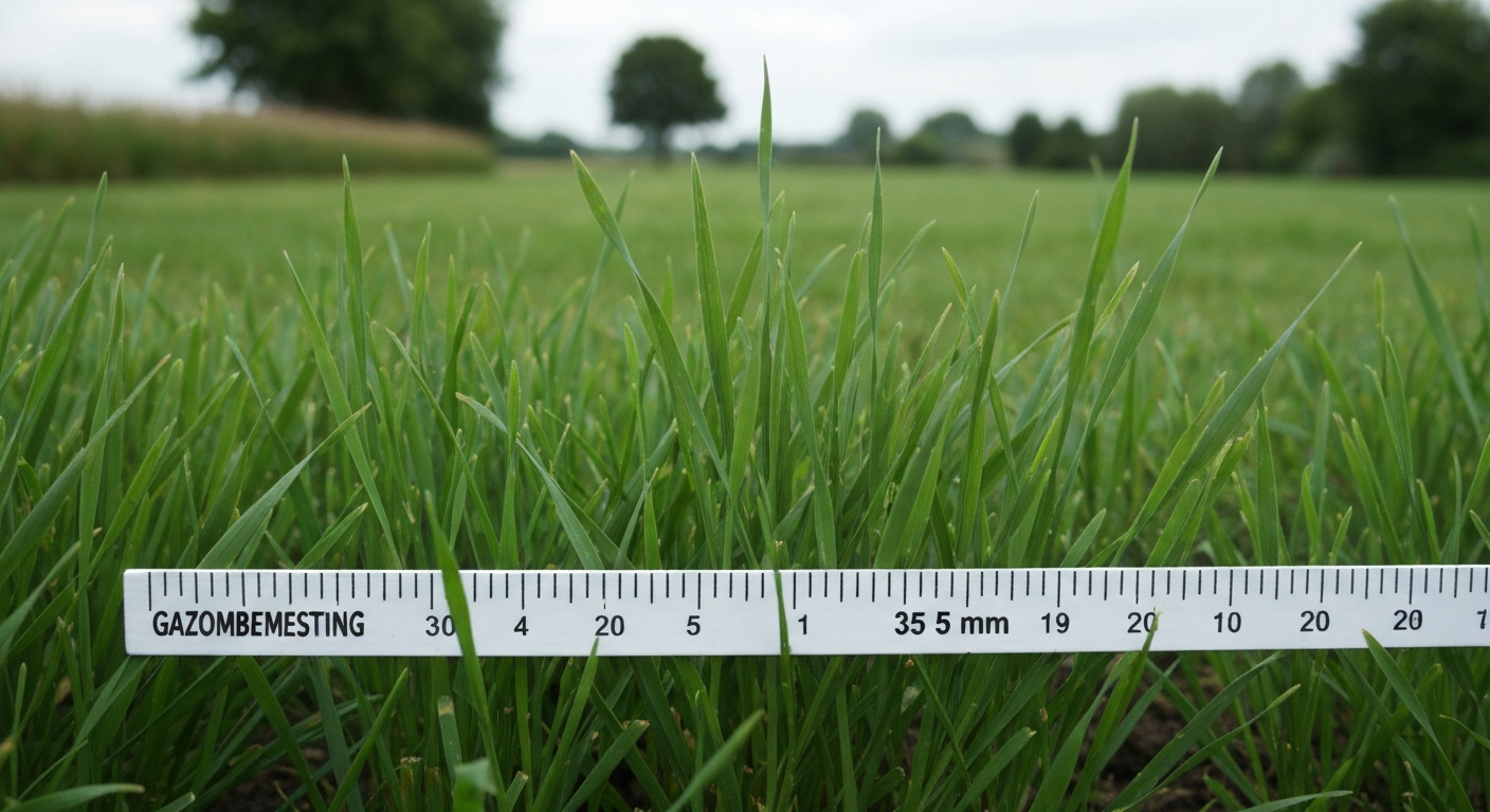 Close-up van een Nederlands gazon met een liniaal die 35 mm aangeeft; vage tuinachtergrond met pad en schutting.