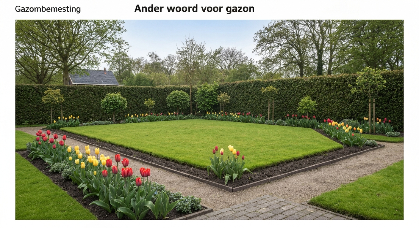 Zonnige Nederlandse achtertuin met net gazon en kleurrijke borders