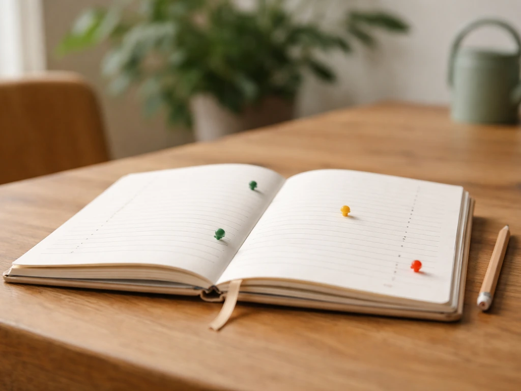 Eenvoudige tuinagenda-kalender op tafel met voorjaar-, zomer- en najaar-notities als markeringen