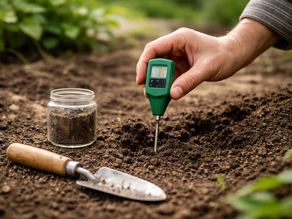 Hand met bodemtester die grond meet naast een kleine monsterset in een rustige tuin