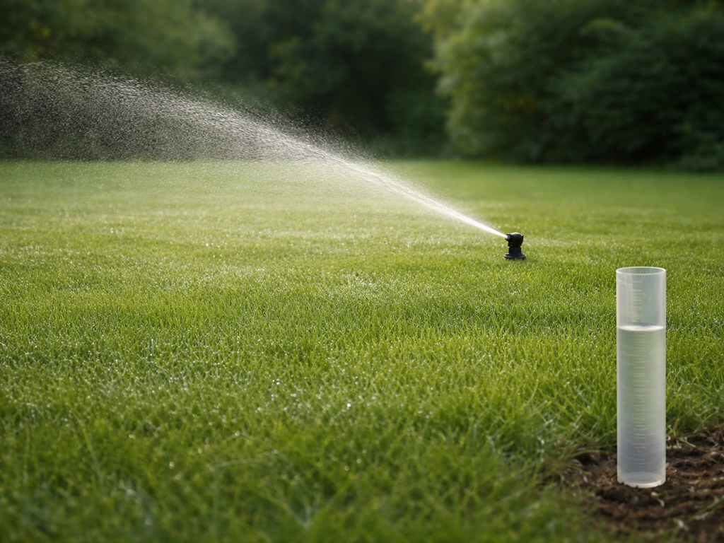 Gazon krijgt water van een sproeikop; een anonieme wateropvangmaat staat naast het natte gras.