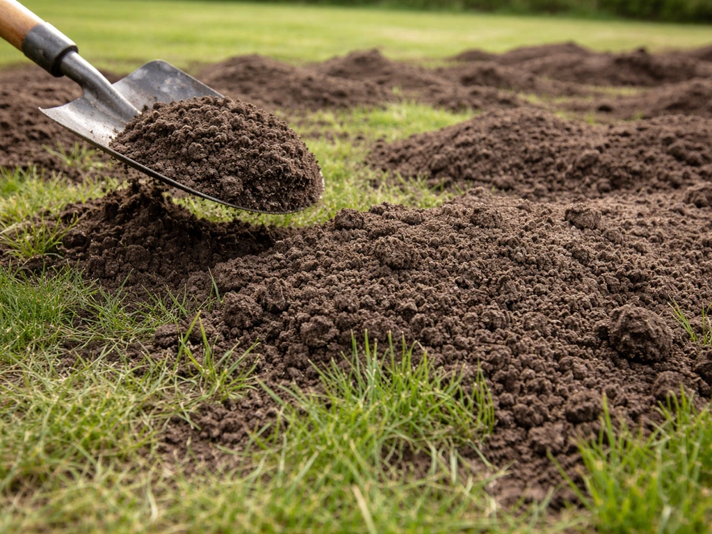Close-up van gazon waarop een te dikke laag tuinaarde ligt, met een verstikkend effect op het gras.