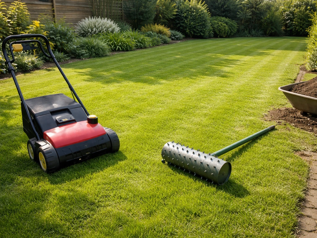 Gelijkmatig gemaaid gazon met maaistroken; daarnaast gereedschap voor verticuteren en beluchten, klaar voor topdressing.