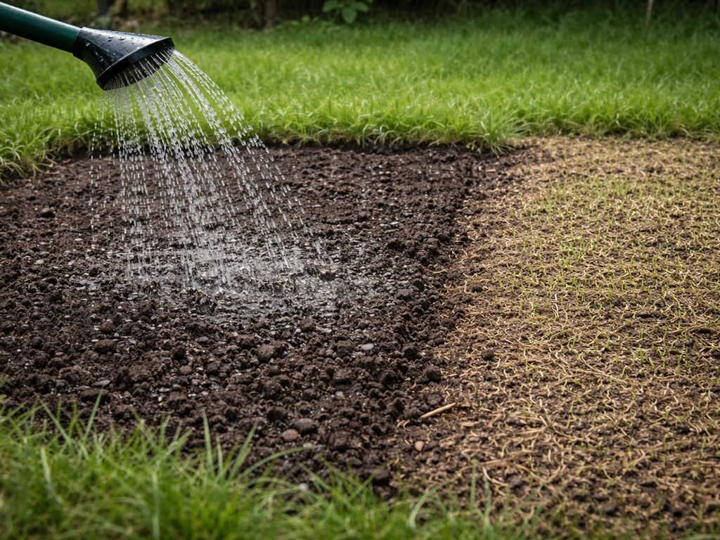 Vers aangebrachte tuinaarde wordt licht beregend; naast een ingezaaide kale plek in de tuin.