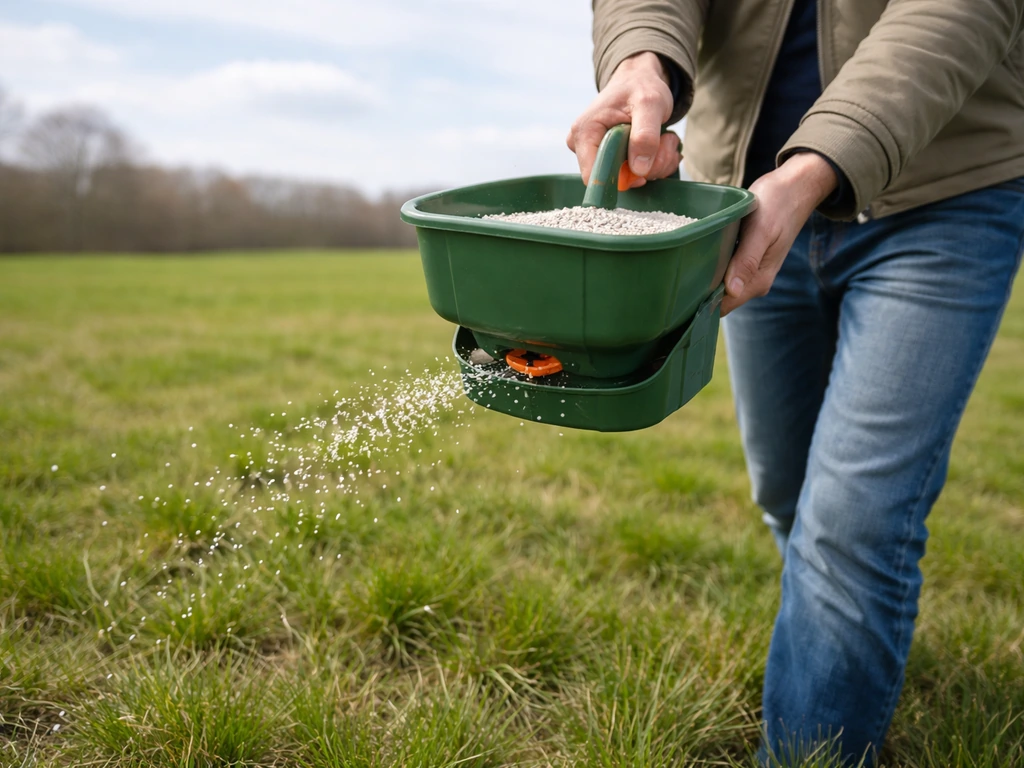 Anonieme persoon strooit met een handstrooier gelijkmatig mestkorrels op een grasveld in het voorjaar.
