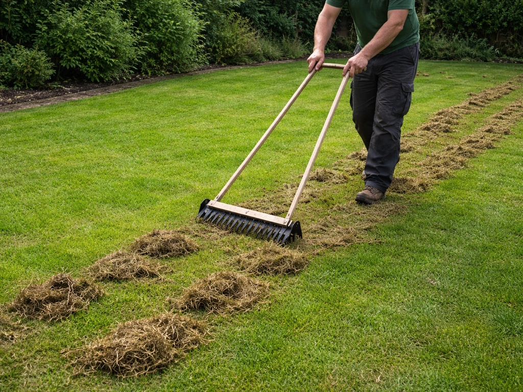 Tuinman verticuteert een gazon: verticuteerhark haalt vilt en afgestorven resten omhoog.