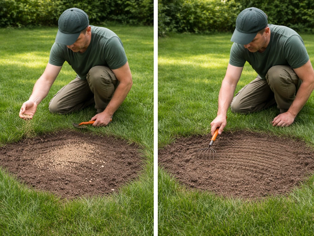 Tuinman strooit graszaad op een kale plek in het gazon en werkt die licht af met een harkje.