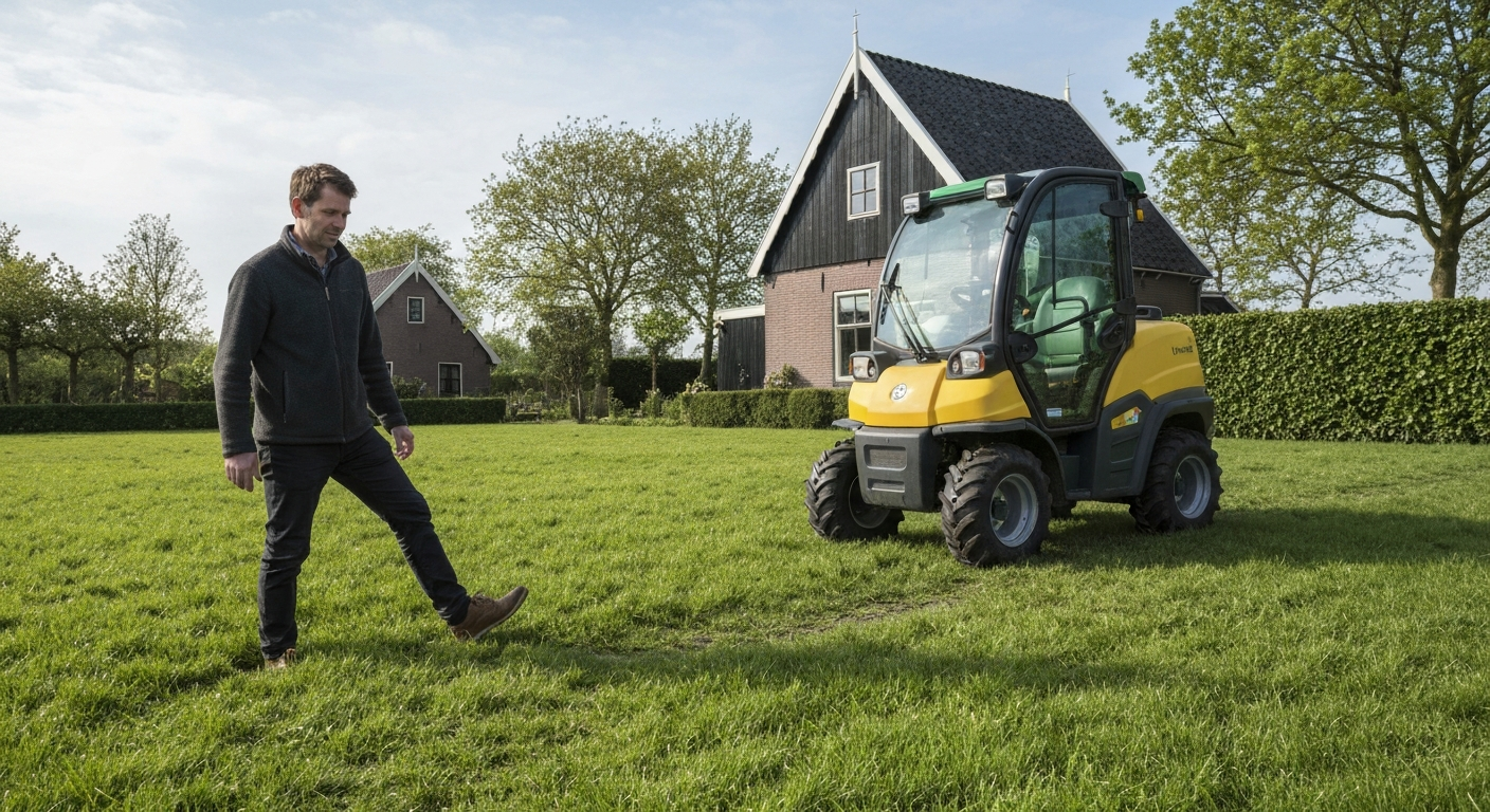 Persoon doet schoentest op vochtig gazon in Nederlandse achtertuin; zichtbare indruk in de bodem, maaier op achtergrond