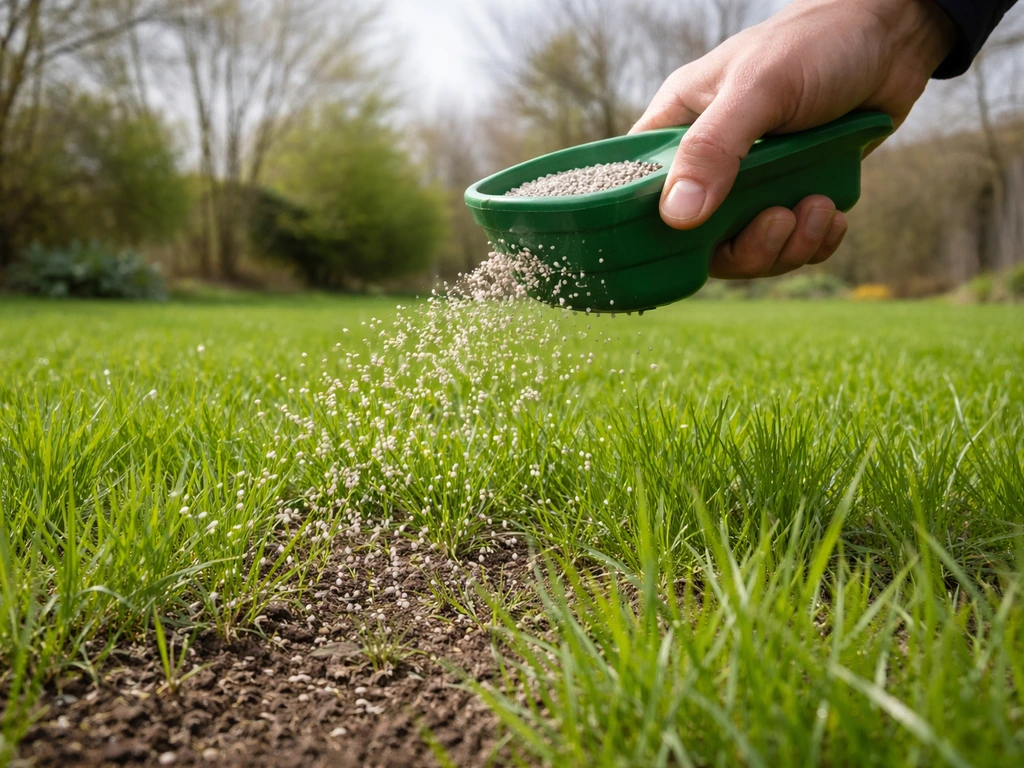 Hand die in het vroege voorjaar gazonmest strooit over groen gras in een rustige tuin.