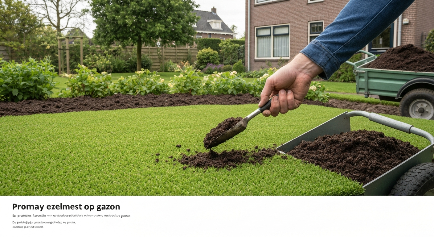 Tuinier brengt gecomposteerde ezelmest als topdressing aan op een Nederlands gazon