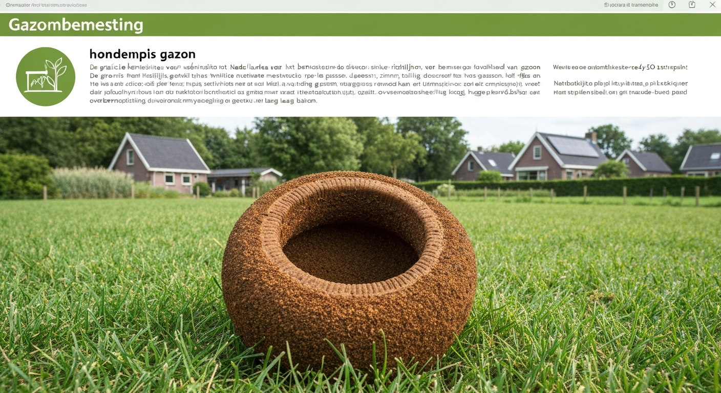 Close-up van een gazon met duidelijke hondenurine-schade: bruine kern met donkergroene ring en gezond gras daaromheen, Nederlandse achtertuin op de achtergrond.