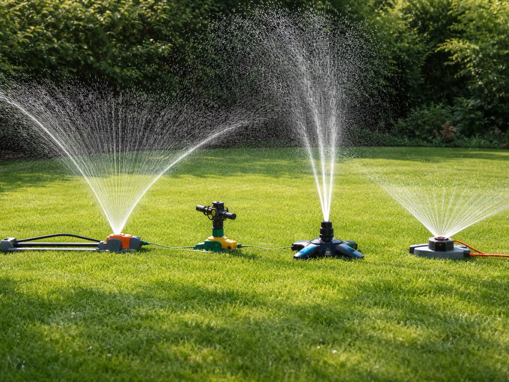 Vier soorten gazonsproeiers op een gazon, elk met een duidelijk waterstraalpatroon en werkgebied.