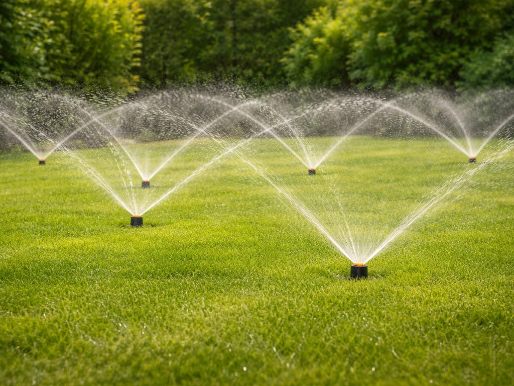 Eenvoudige testopstelling van meerdere tuinsproeiers op gras met zichtbare overlappende waterstralen