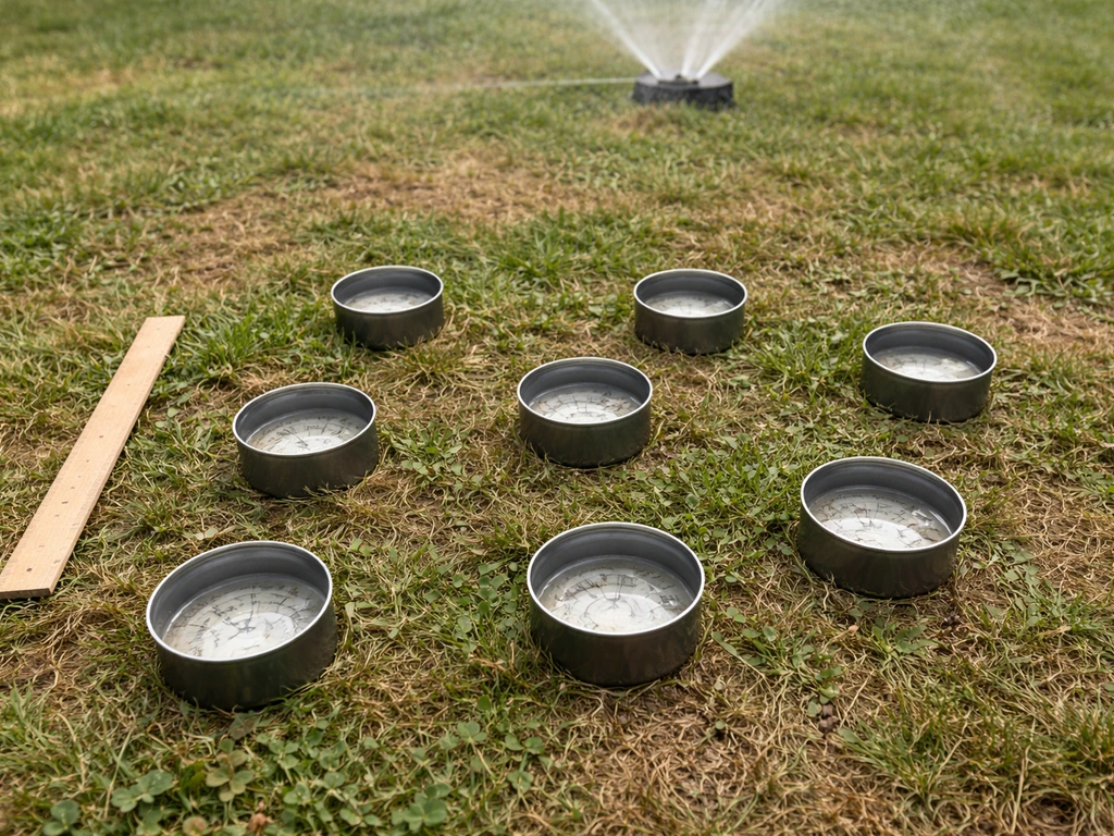 Tonijnblikjes op gras met verschillende natte meetstrepen door sproeiwater, naast een meetlat.