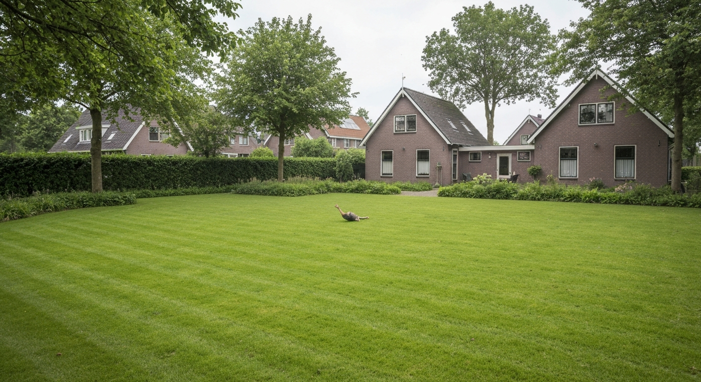 Groot Nederlands gazon met zitmaaier in actie, omliggende hagen en huizen