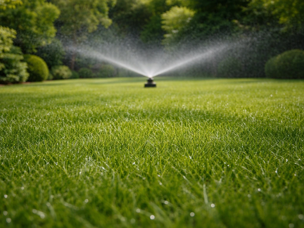 Strak gazon met een sproeier die gelijkmatig water vernevelt over het gras, bij daglicht.