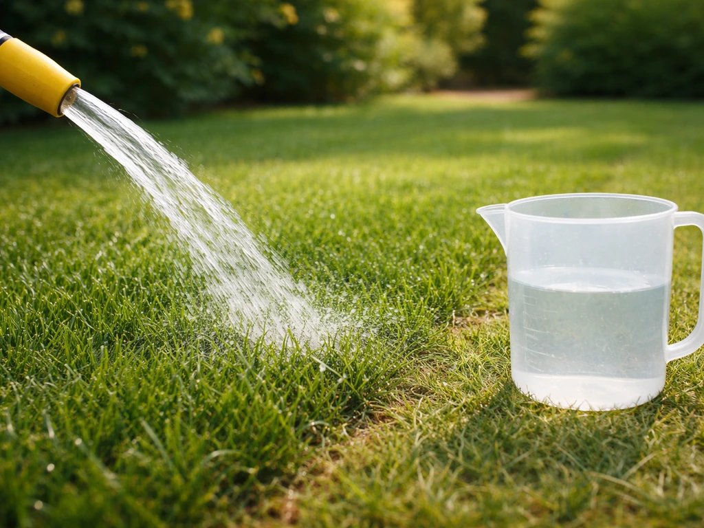 Een waterstraal bewaterd gazon met een maatbeker/meetfles als symbool voor liters per m², zonder tekst.