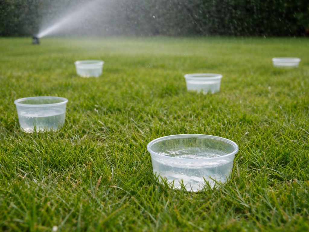 Meerdere lage bakjes/maatbekers op het gazon die water opvangen tijdens het sproeien.