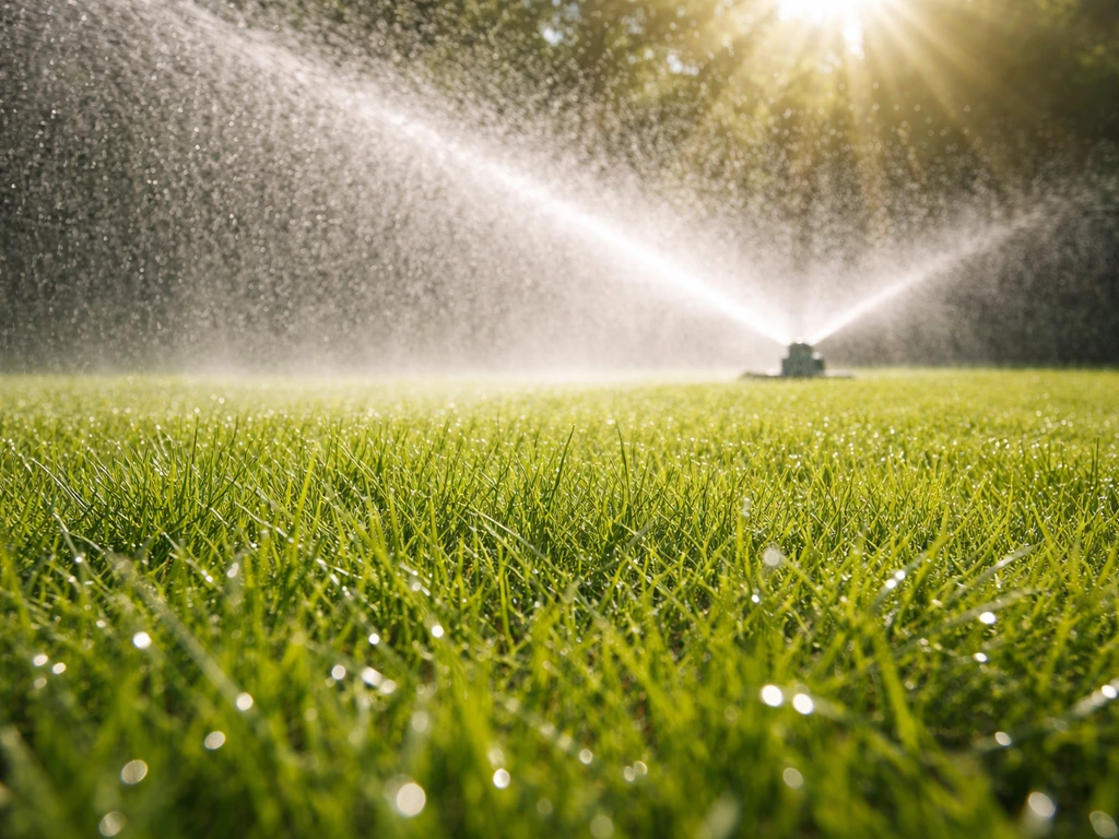 Close-up van fel verlicht gras met sproeiwaterdruppels die neerkomen en verdampen in de zon.