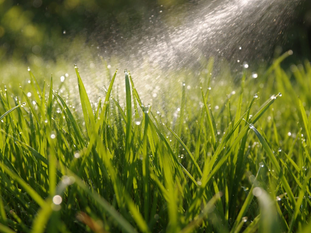 Waterdruppels op hete grassprieten in volle zon die snel verdampen, met een waterstraal die niet doordringt