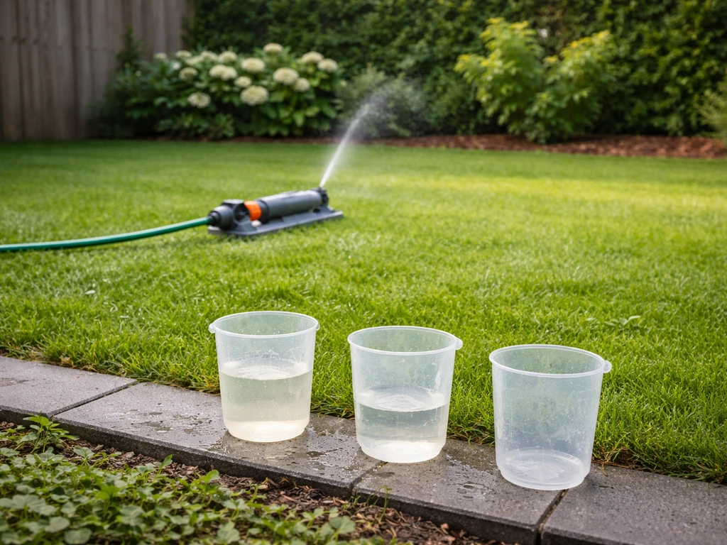 Een tuinsproeier op gazon met meetbekers als regenvangers, met verschillende waterniveaus.