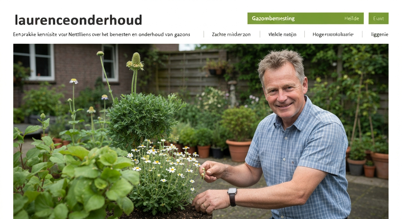 Nette Nederlandse tuin met groen gazon en stuk microklaver; tuinier voert licht onderhoud uit (geen herkenbaar gezicht).