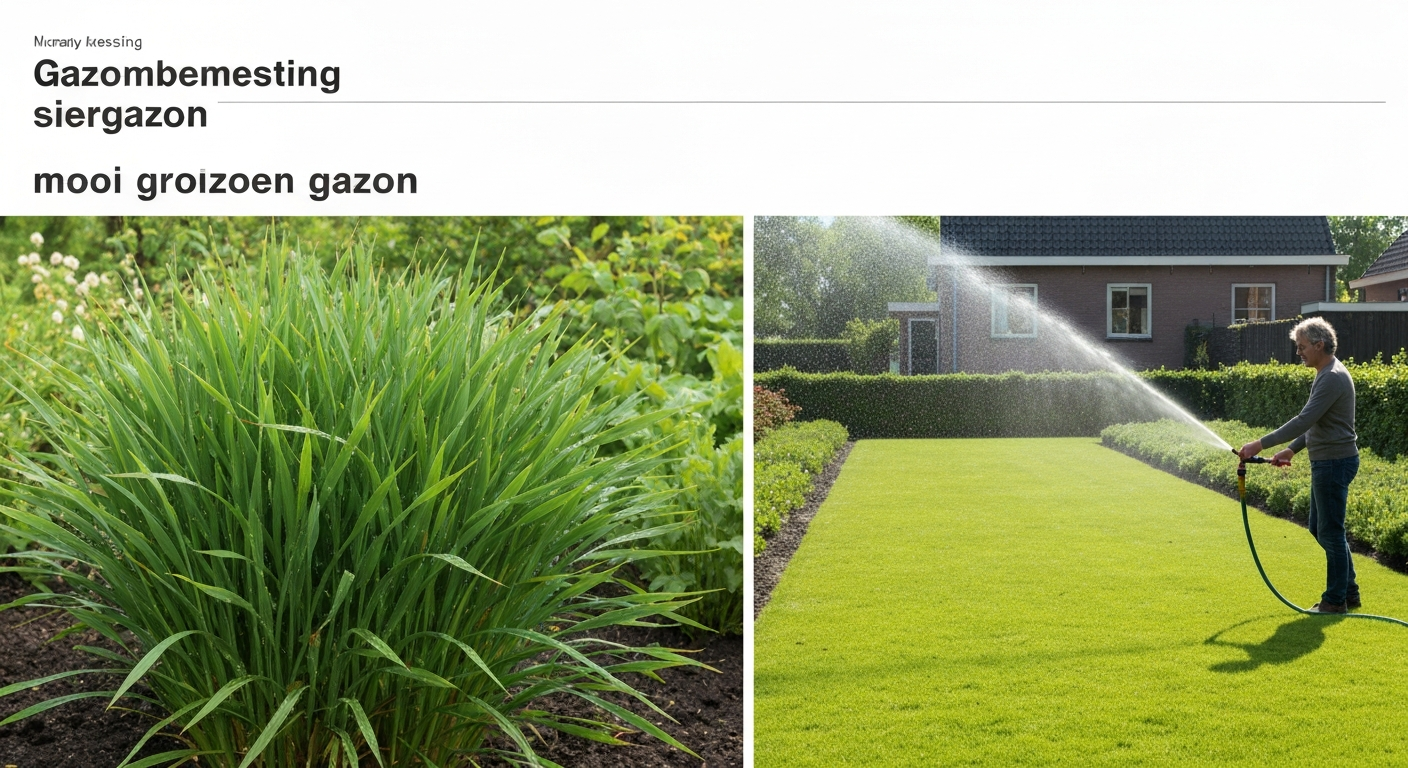 Nederlandse achtertuin met een dicht, donkergroen gazon (4–6 cm) en een anonieme persoon die met sprinkler beregent