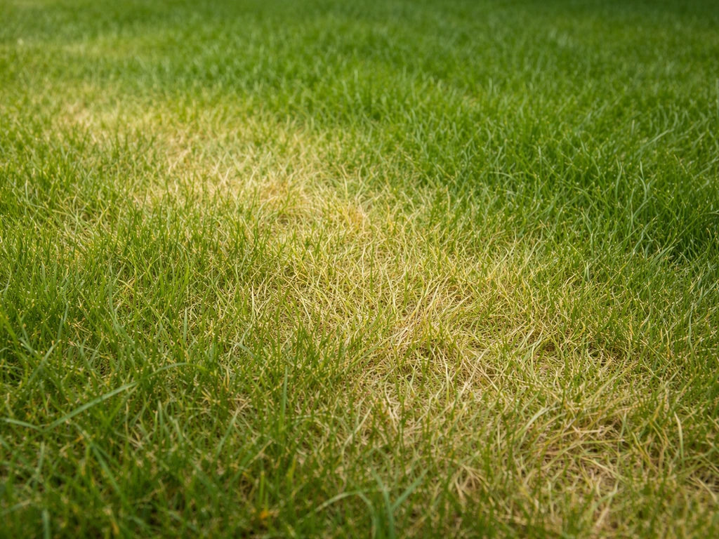 Close-up van een gazon met lichtgroene en geel verkleurde grassprieten door stikstoftekort, met zichtbare overgangszone.