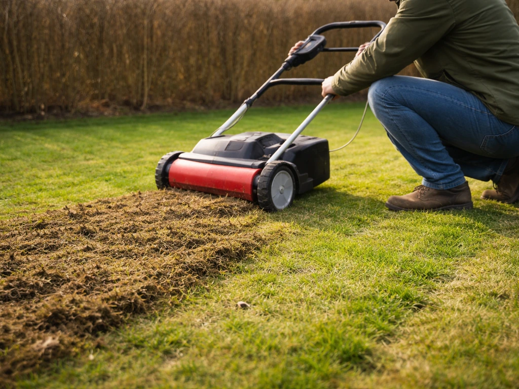 Tuinier die verticuteert op een gazon met vilt, zichtbaar verschil in doorgeluchte grasbasis