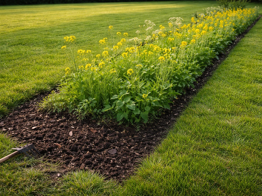 Gazon met een afgebakende strook groenbemester (mosterd) en licht voorbereide grond met hark, zonder mensen.