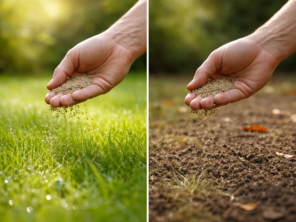 Hand die graszaad uitstrooit; links fris voorjaar, rechts vroege najaarbodem als seizoensvensters.
