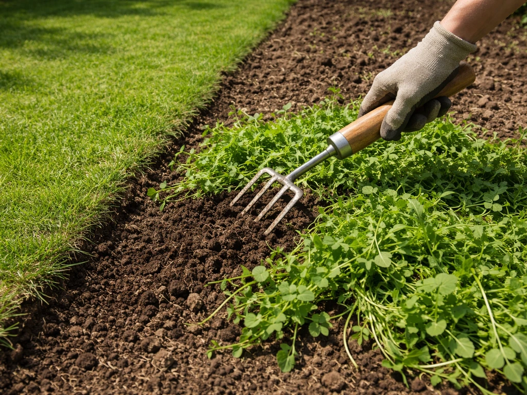 Tuinier die met een schoffel groenbemester inwerkt, met intact gazon op de achtergrond