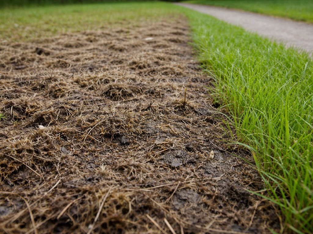 Dichtbedekte gazonlaag van onverteerde resten die gezond hergroeiend gras smoort, met frisse hergroei ernaast.