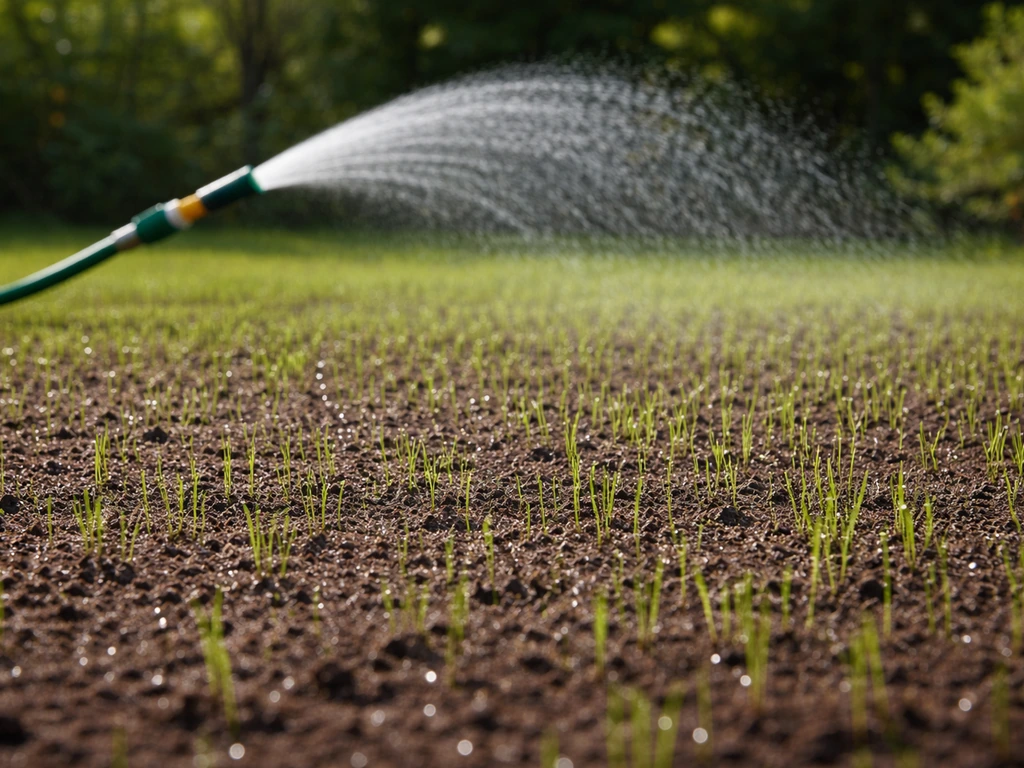Gelijkmatig bewaterd pas ingezaaid gazon met fijne sproeistraal, geen plassen, in een rustige tuin.