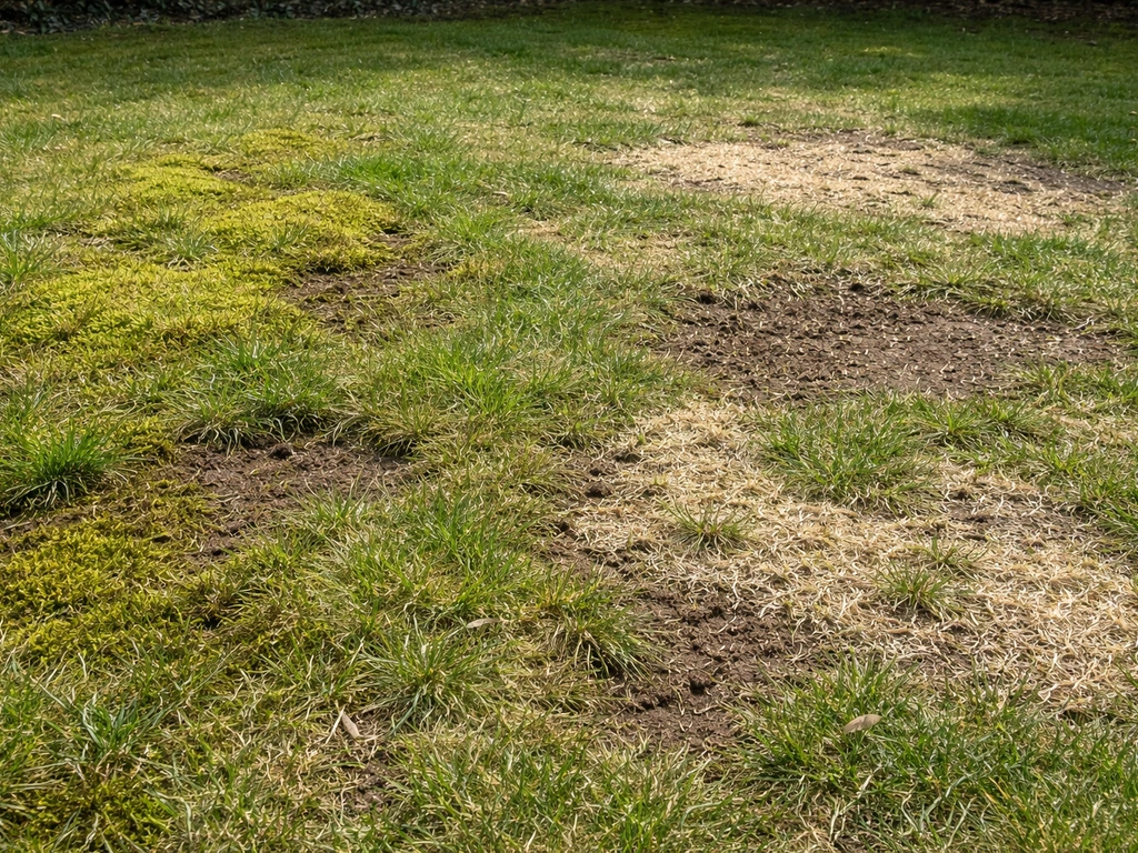 Weidegrasgazon met mosvlekken en kale plekken, met zichtbare ongelijk verdeelde kiemen.