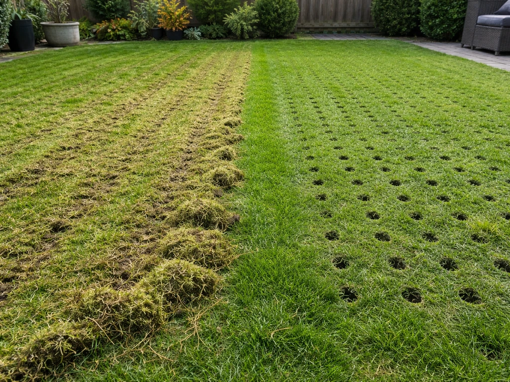 Links verticutten met los vilt, rechts beluchten met rijen prikgaten in hetzelfde gazon.