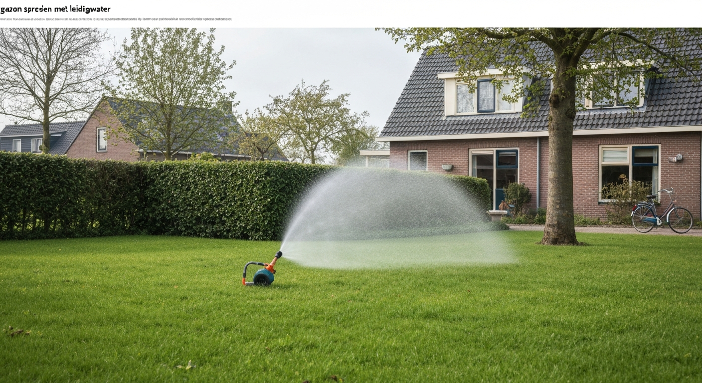 Vroege ochtendgazon in Nederland met sproeier die leidingwater geeft; gezond groen gras en bakstenen huizen op de achtergrond.