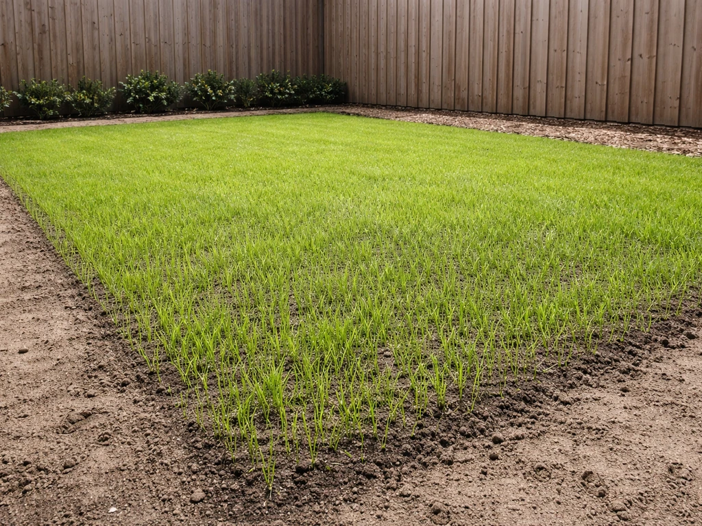 Nieuw aangelegd gazon met jonge sprieten en voorbereide bodem in een rustige tuin.