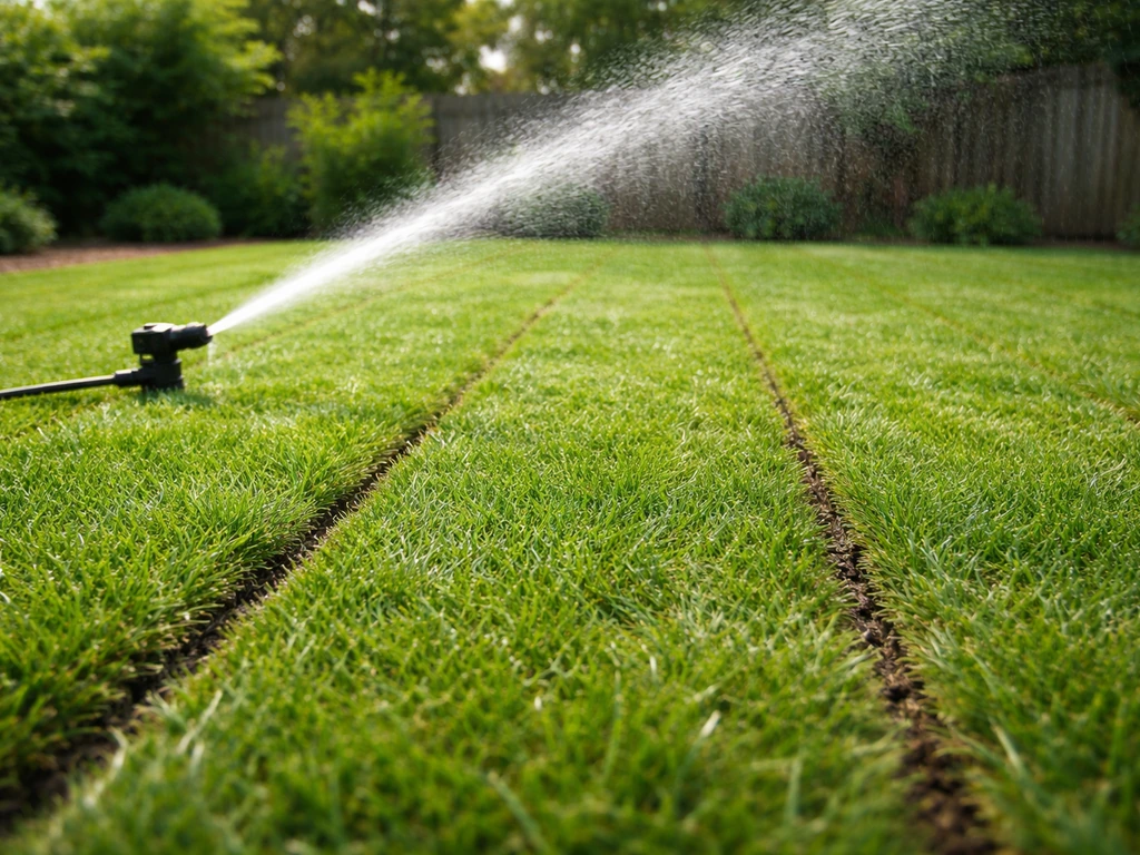 Vers aangelegd gazon met rolzoden; een sproeier besproeit het gras direct na aanleg.