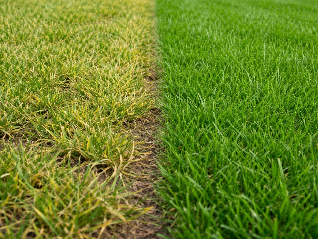Nieuw gazon met naast elkaar vergeelde bladtoppen en een gezond, gelijkmatig groen stuk gras.