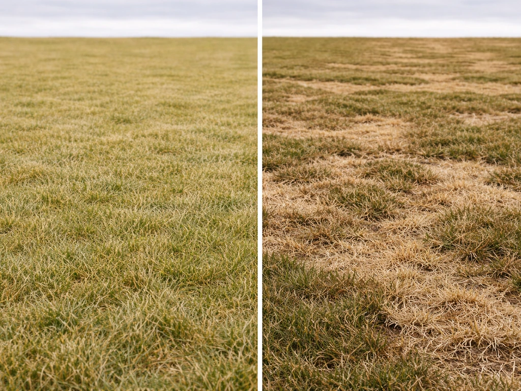 Tuin met gazon: links gelijkmatig wintergeel, rechts scherp begrensde bruine/beige vorstschade plekken.