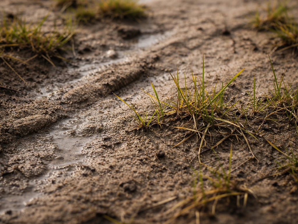 Gele, zwakke gras sprieten in natte wintergrond met regenachtige sporen op zandgrond