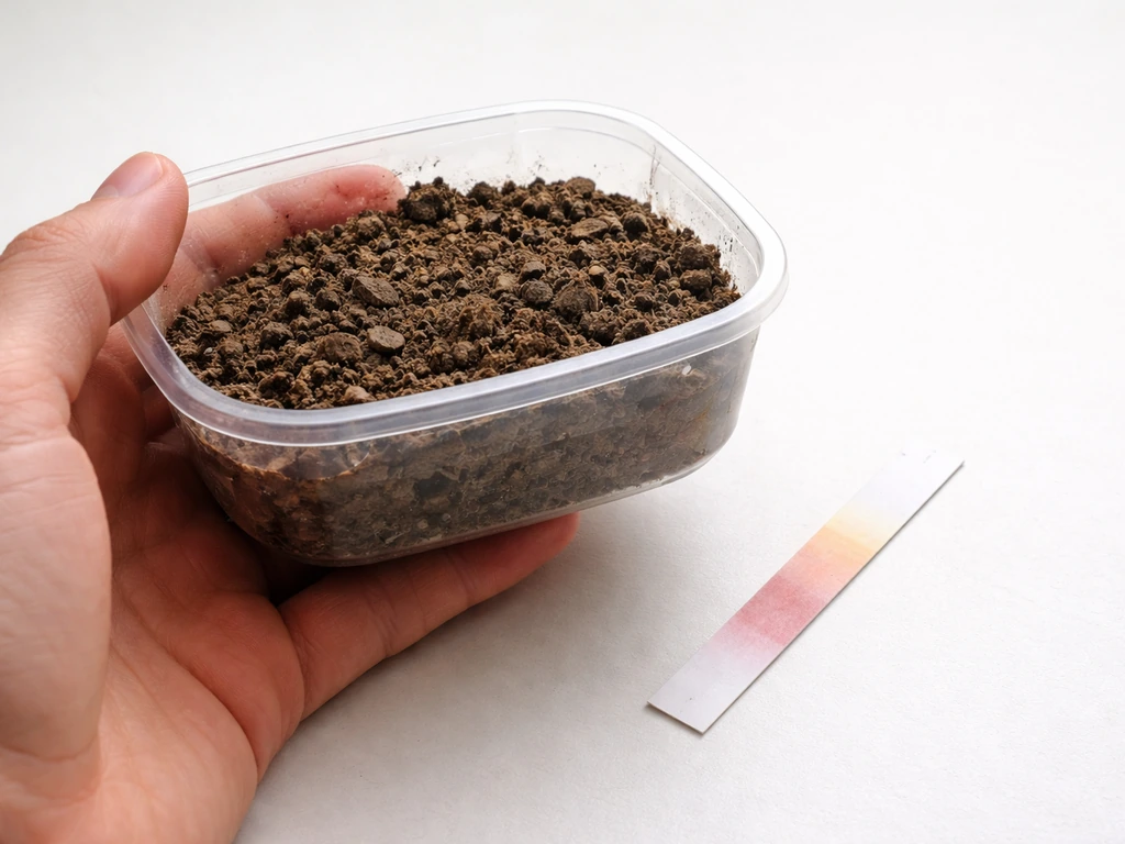 Bodemmonster in een bakje met pH-teststrip in beeld, indicatie van zure grond zonder meetwaarden.